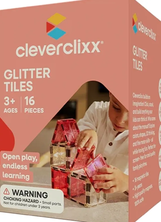 Cleverclixx® Magentbausteine Glitter Tiles Pack transparent/rosa 16 Teile