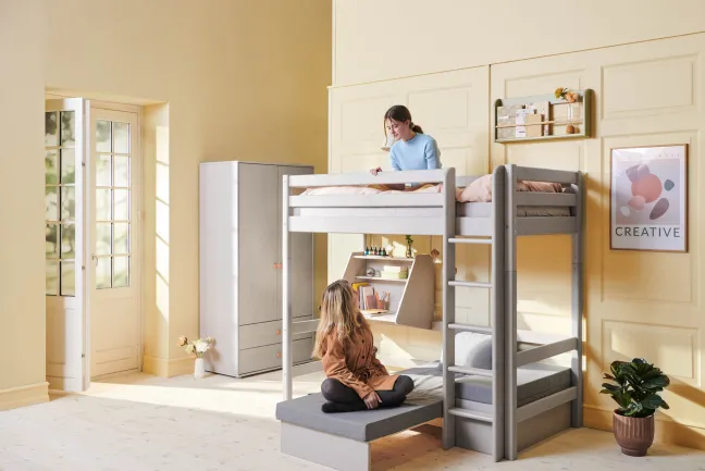FLEXA Classic Casa Hochbett mit senkrechter Leiter grau lasiert