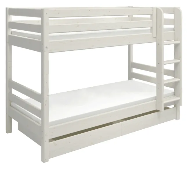 FLEXA Classic Etagenbett mit senk, Leiter und 2 Schubladen weiß lasiert