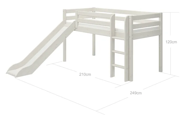FLEXA Classic Halbhohes Bett mit senk. Leiter und Rutsche weiß lasiert