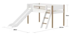 FLEXA Nor Halbhohes Bett mit Schrägleiter, Rutsche und Streben Absturzsicherung weiß/eiche