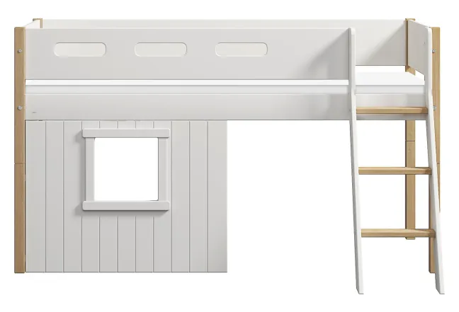 FLEXA Nor halbhohes Bett mit Schrägleiter und Baumhaus Panelen weiß