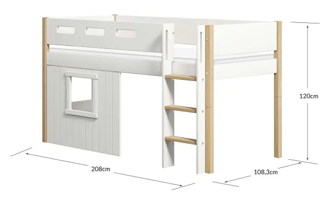 FLEXA Nor halbhohes Bett mit senkrechter Leiter und Baumhaus Panelen weiß