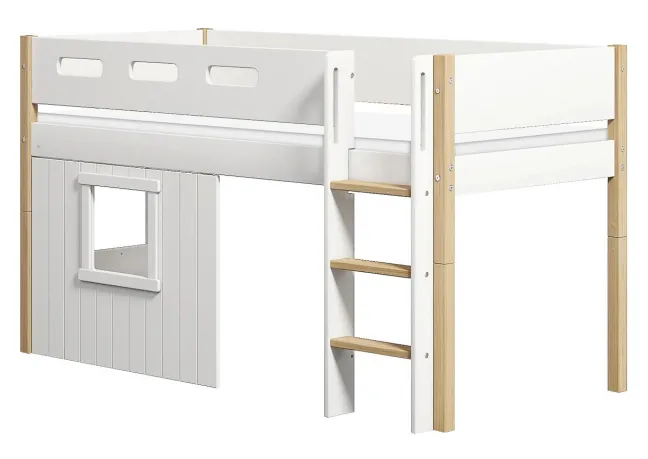 FLEXA Nor halbhohes Bett mit senkrechter Leiter und Baumhaus Panelen weiß