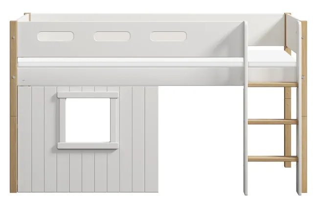 FLEXA Nor halbhohes Bett mit senkrechter Leiter und Baumhaus Panelen weiß