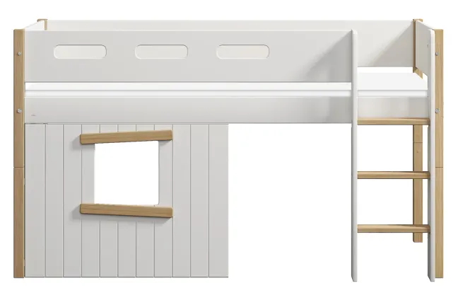 FLEXA Nor halbhohes Bett mit senkrechter Leiter und Baumhaus Panelen weiß/Eiche