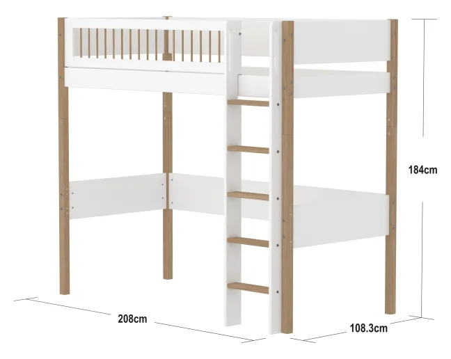 FLEXA Nor Hochbett 90x200cm mit Streben Absturzsicherung weiß/eiche