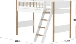 FLEXA Nor Mittelhohes Bett mit Schrägleiter und Streben Absturzsicherung weiß/eiche