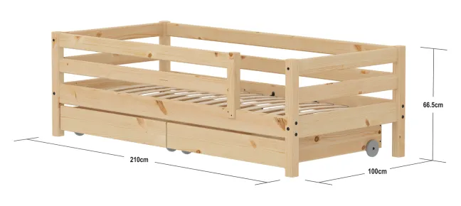 FLEXA RAW Classic Einzelbett 90x200 cm mit 3/4 Absturzsicherung und Schubladen natur