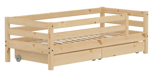 FLEXA RAW Classic Einzelbett 90x200 cm mit 3/4 Absturzsicherung und Schubladen natur