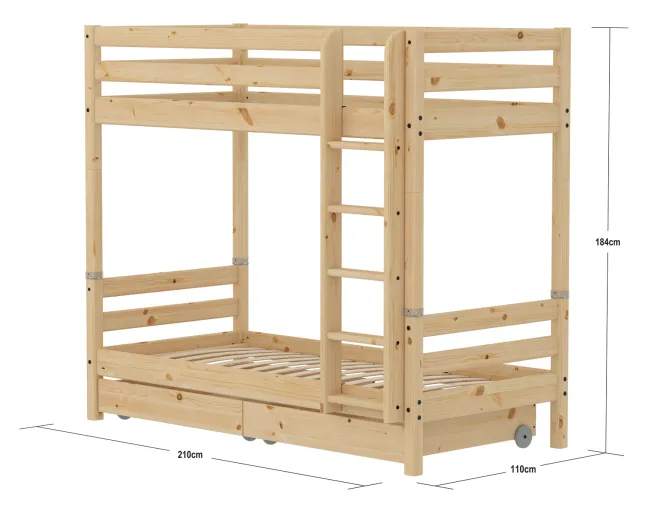 FLEXA RAW Classic Hohes Etagenbett mit Schubladen natur