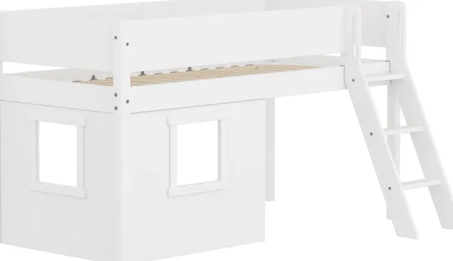FLEXA White halbhohes Bett mit Schrägleiter, Baumhaus Panelen und Rillen Absturzsicherung weiß