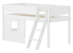 FLEXA White halbhohes Bett mit Schrägleiter, Baumhaus Panelen und Rillen Absturzsicherung weiß
