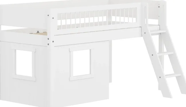 FLEXA White halbhohes Bett mit Schrägleiter, Baumhaus Panelen und Streben Absturzsicherung weiß