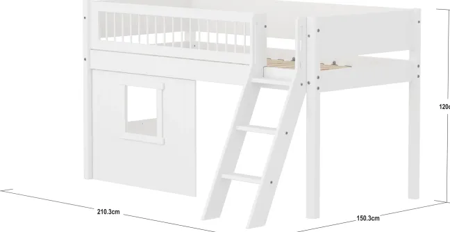 FLEXA White halbhohes Bett mit Schrägleiter, Baumhaus Panelen und Streben Absturzsicherung weiß