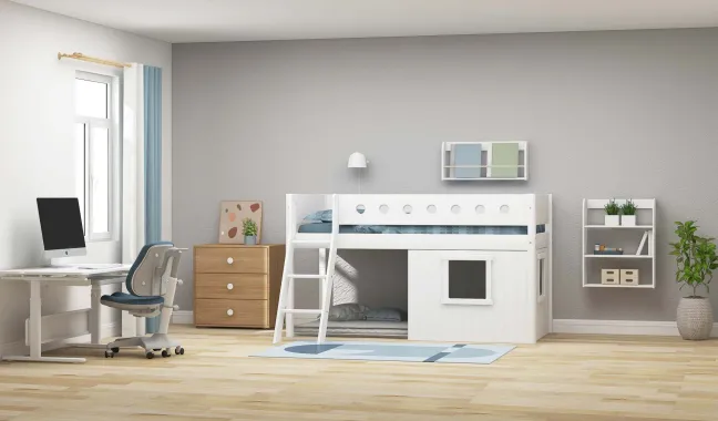 FLEXA White halbhohes Bett mit Schrägleiter und Baumhaus Panelen weiß