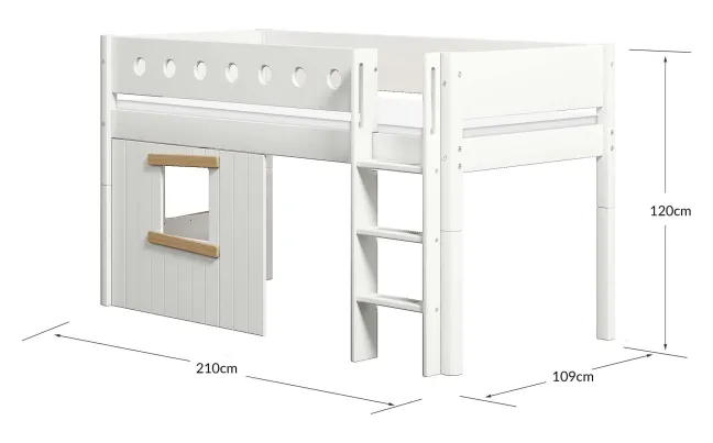 FLEXA White halbhohes Bett mit senkrechter Leiter und Baumhaus Panelen weiß/Eiche