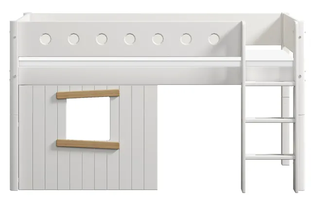FLEXA White halbhohes Bett mit senkrechter Leiter und Baumhaus Panelen weiß/Eiche
