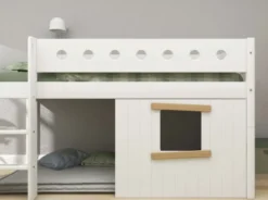 FLEXA White halbhohes Bett mit senkrechter Leiter und Baumhaus Panelen weiß/Eiche