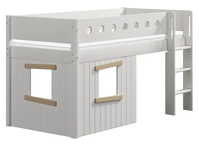 FLEXA White halbhohes Bett mit senkrechter Leiter und Baumhaus Panelen weiß/Eiche