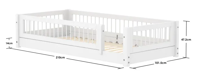 FLEXA White Montessori Bett 90x200cm mit Streben und 3/4 Absturzsicherung weiß