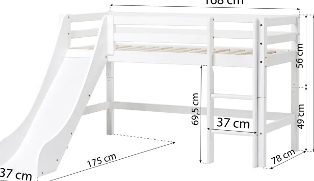 Hoppekids ECO Dream Halbhochbett Junior 70x160cm mit Rutsche und gerader Leiter teilbar weiß
