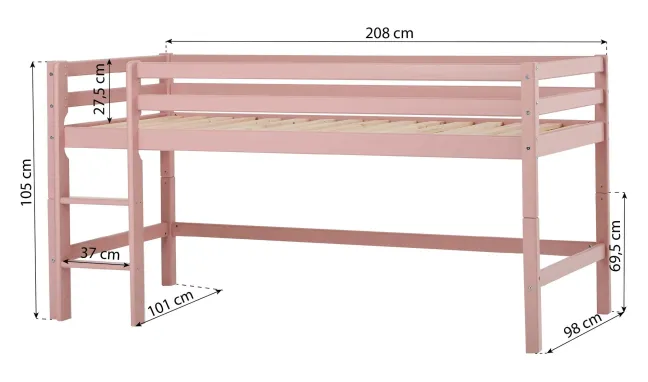 Hoppekids ECO Dream Halbhochbett 90x200cm mit gerader Leiter teilbar rosa