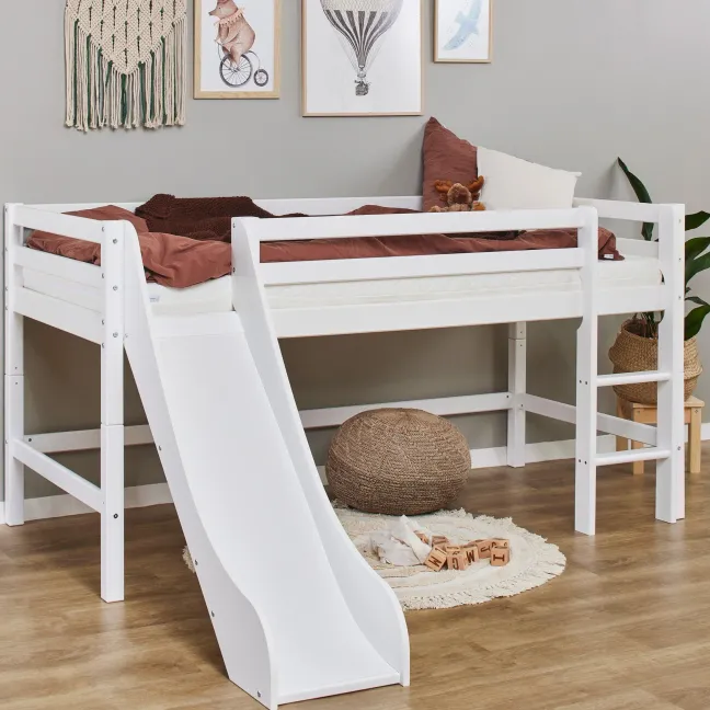 Hoppekids ECO Dream Halbhochbett 90x200cm mit Rutsche und gerader Leiter weiß