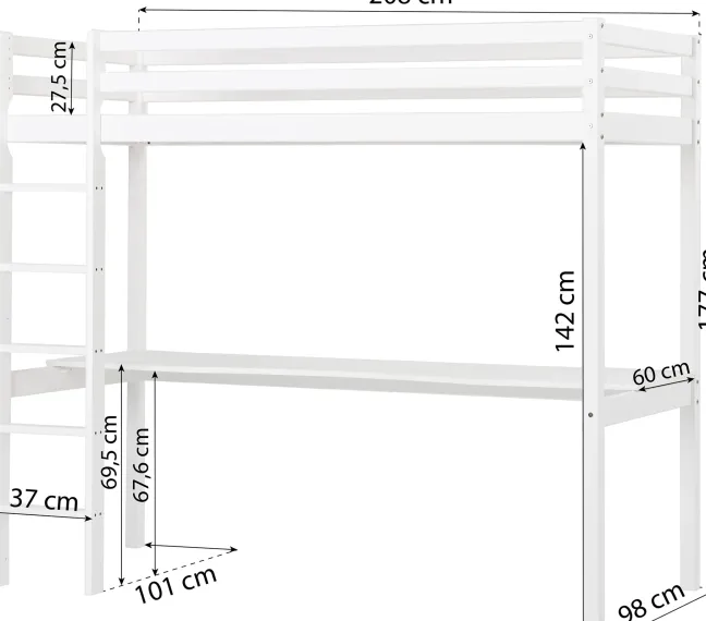 Hoppekids ECO Dream Hochbett 90x200cm mit gerader Leiter und Schreibtisch weiß