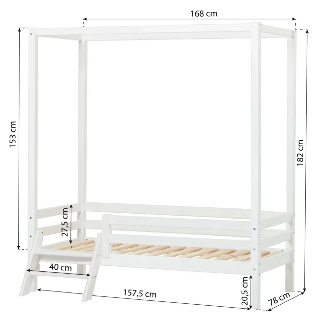 Hoppekids ECO Dream Junior Himmelbett 70x160cm mit 3/4 Absturzs. und kleiner Leiter weiß
