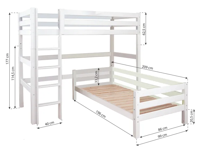 Hoppekids ECO Luxury Eck-Etagenbett 90x200cm mit Rollrost und gerader Leiter weiß