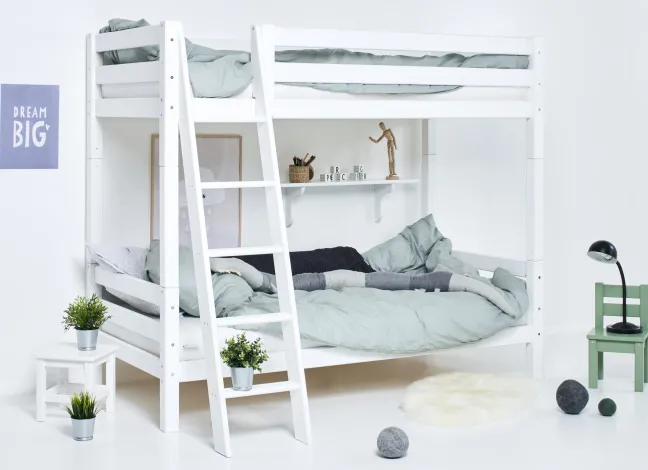 Hoppekids ECO Luxury Etagenbett hoch 90x200cm mit Rollrost und Schrägleiter weiß