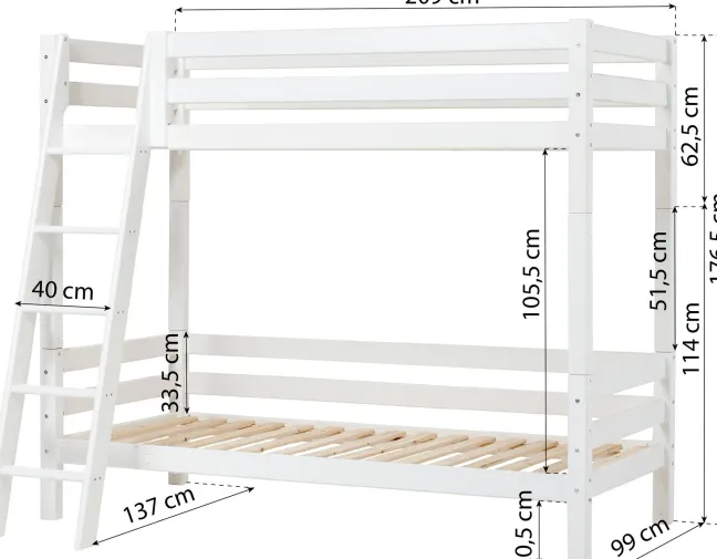 Hoppekids ECO Luxury Etagenbett hoch 90x200cm mit Rollrost und Schrägleiter weiß