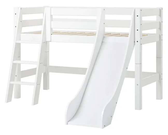 Hoppekids ECO Luxury Halbhochbett Junior 70x160cm mit Rollrost, Rutsche und Schrägleiter weiß