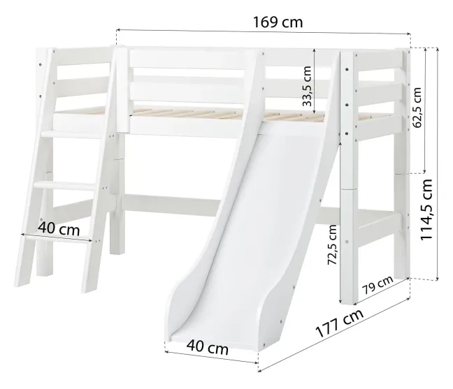 Hoppekids ECO Luxury Halbhochbett Junior 70x160cm mit Rollrost, Rutsche und Schrägleiter weiß