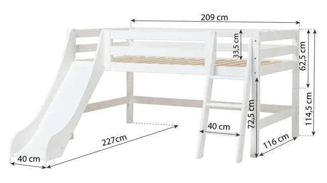 Hoppekids ECO Luxury Halbhochbett 120x200cm mit Rollrost, Rutsche und Schrägleiter weiß