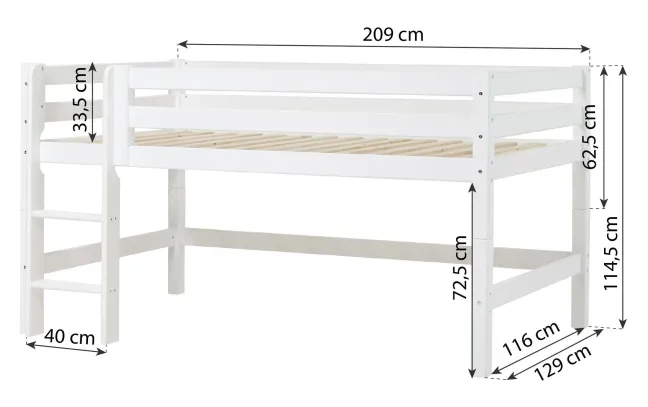 Hoppekids ECO Luxury Halbhochbett 120x200cm mit Rollrost und gerader Leiter weiß