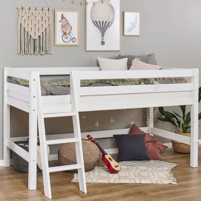 Hoppekids ECO Luxury Halbhochbett 90x200cm mit Rollrost und Schrägleiter weiß