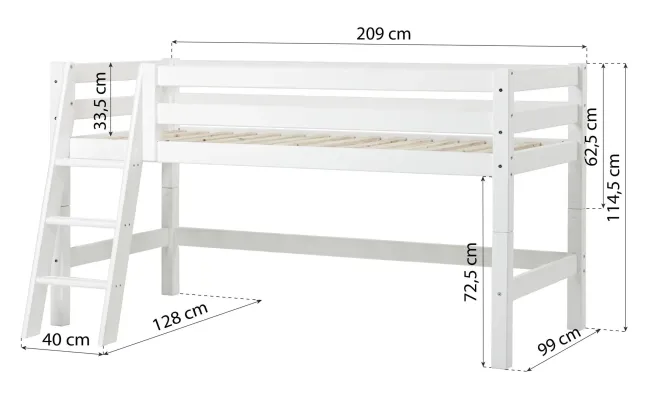 Hoppekids ECO Luxury Halbhochbett 90x200cm mit Rollrost und Schrägleiter weiß