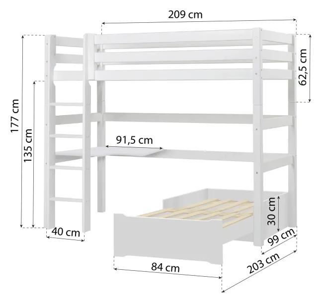 Hoppekids ECO Luxury Hochbett Mega 90x200cm mit Rollrost und gerader Leiter weiß