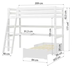 Hoppekids ECO Luxury Hochbett Mega 90x200cm mit Rollrost und Schrägleiter weiß