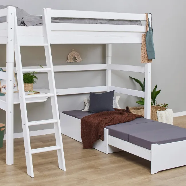 Hoppekids ECO Luxury Hochbett Mega 90x200cm mit Rollrost und Schrägleiter weiß