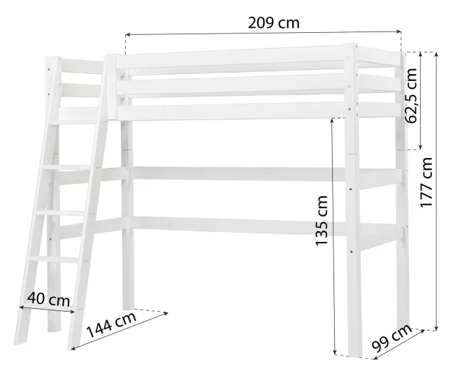 Hoppekids ECO Luxury Hochbett 90x200cm mit Rollrost und Schrägleiter weiß