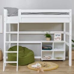 Hoppekids ECO Luxury Hochbett 90x200cm mit Rollrost und Schrägleiter weiß