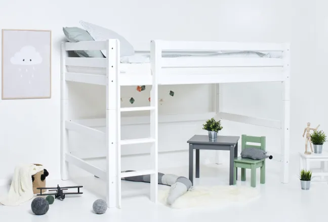 Hoppekids ECO Luxury Mittelhochbett 120x200cm mit Rollrost und gerader Leiter weiß