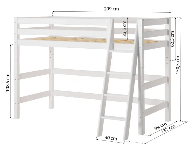 Hoppekids ECO Luxury Mittelhochbett 90x200cm mit Rollrost und Schrägleiter weiß
