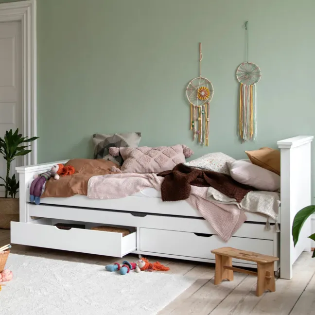 Hoppekids Maja Deluxe Bett 90x200 cm mit Rollrost und Auszieh-/Gästebett weiß