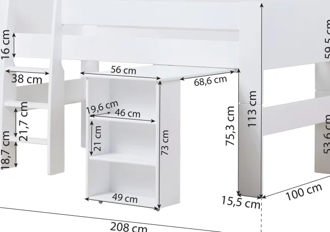 Hoppekids PURE Halbhochbett 90x200 cm mit Schreibtisch weiß