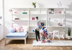 Hoppekids Storey Regalkombination 100cm mit Bett 90x200cm, 4 Einlegeböden und Tischplatte weiß