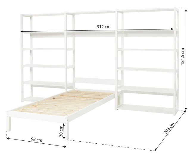 Hoppekids Storey Regalkombination 100cm mit Bett 90x200cm und 14 Regalböden weiß